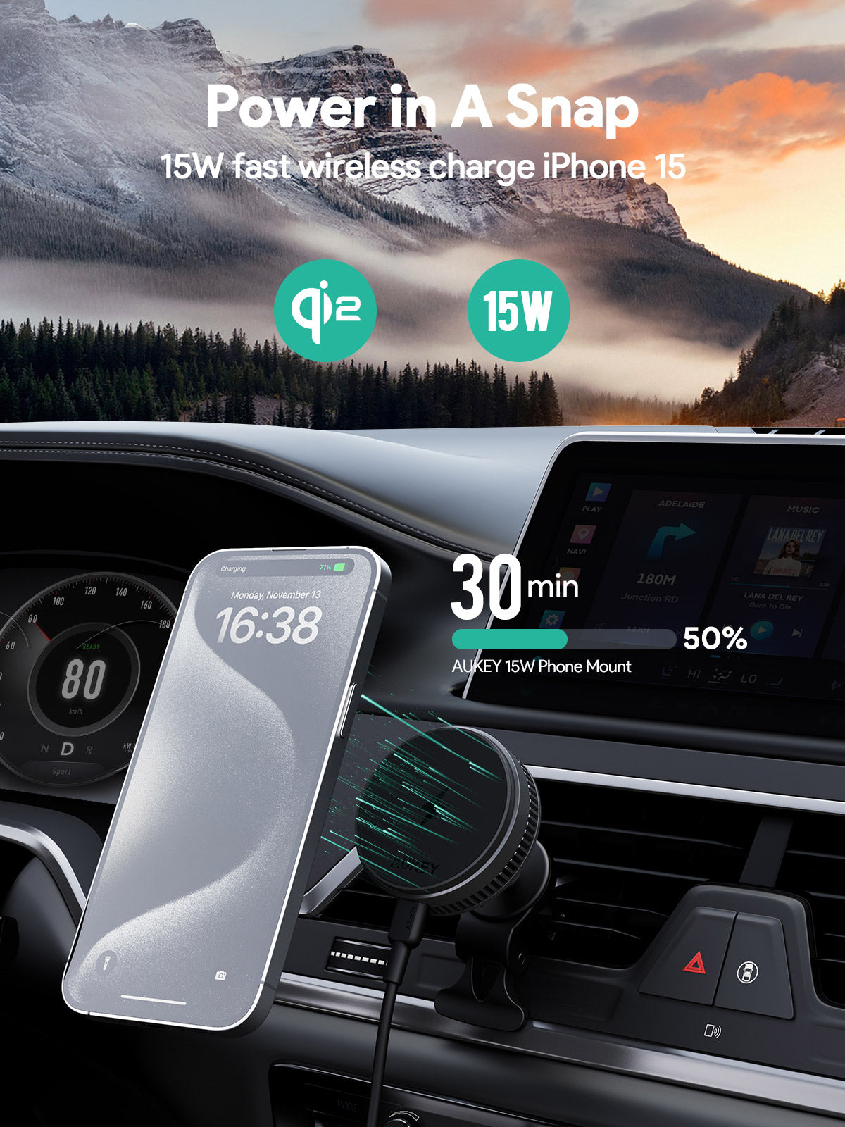 Smart MagFusion Qi2 Car Charger Mount | Aukey 15W Magnetic Fast Charger with Active Cooling (HD-MC13A)