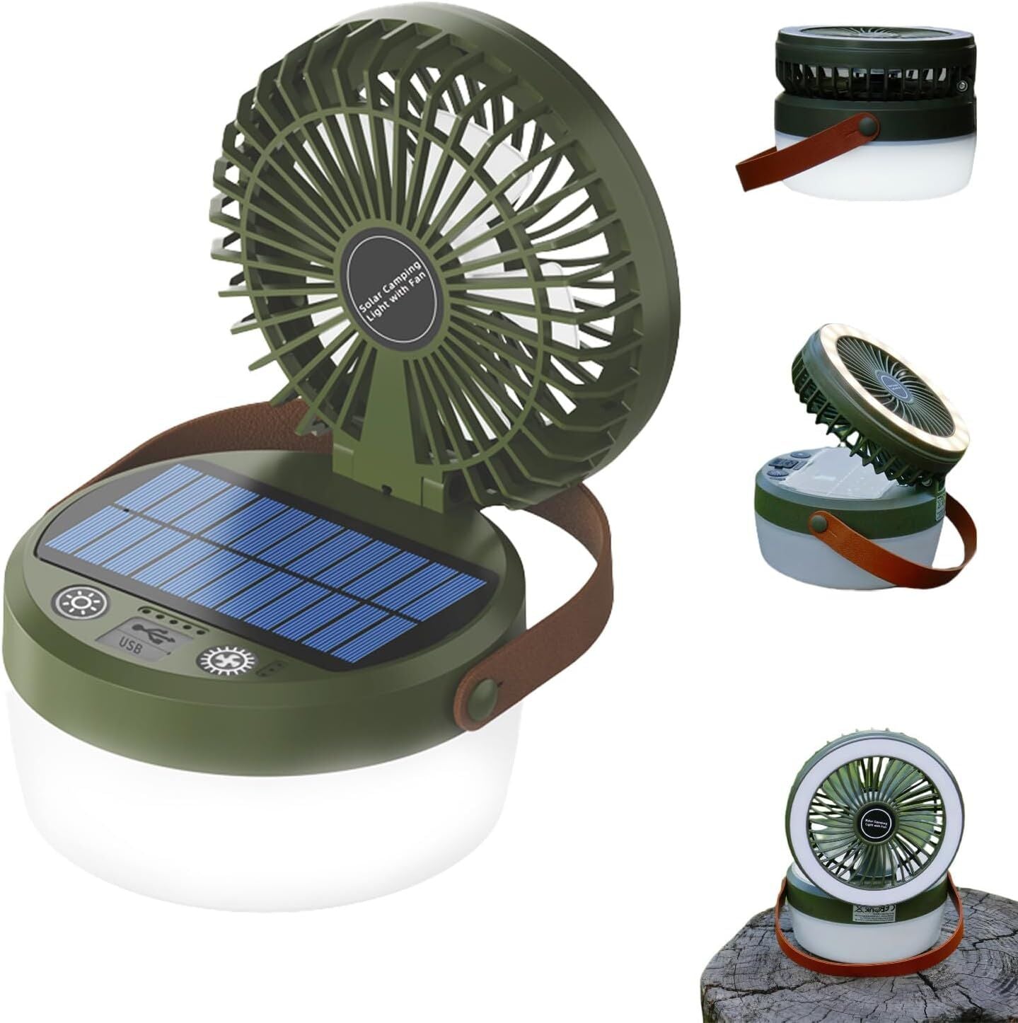 Smart Camping Lantern Fan | 4-Mode LED Light, 3-Speed Quiet Fan, USB & Solar Charging (Army Green)