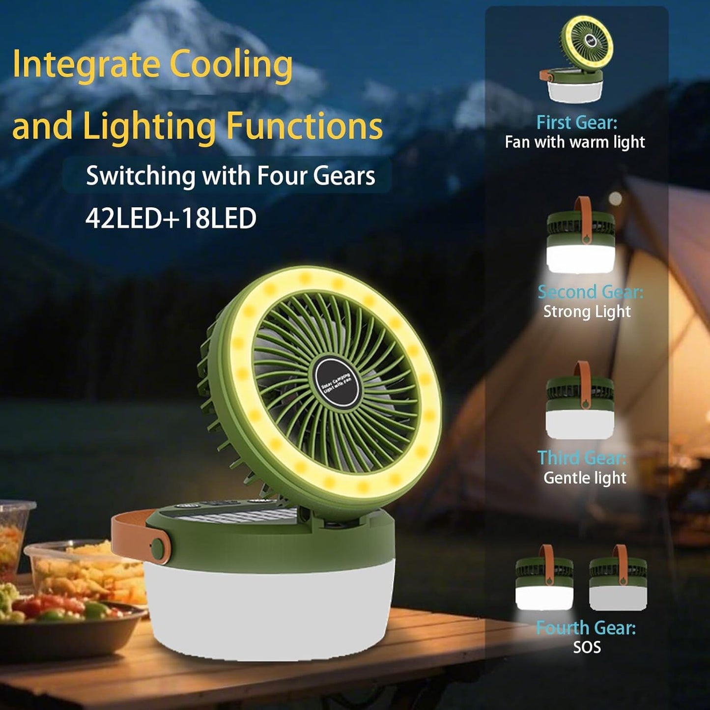 Smart Camping Lantern Fan | 4-Mode LED Light, 3-Speed Quiet Fan, USB & Solar Charging (Army Green)