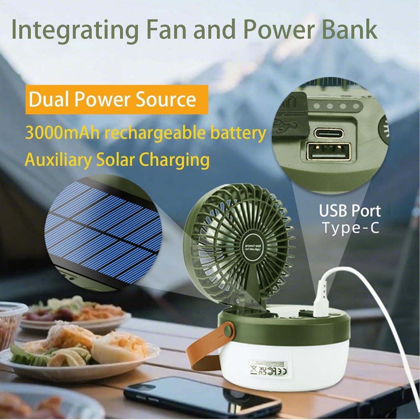 Smart Camping Lantern Fan | 4-Mode LED Light, 3-Speed Quiet Fan, USB & Solar Charging (Army Green)