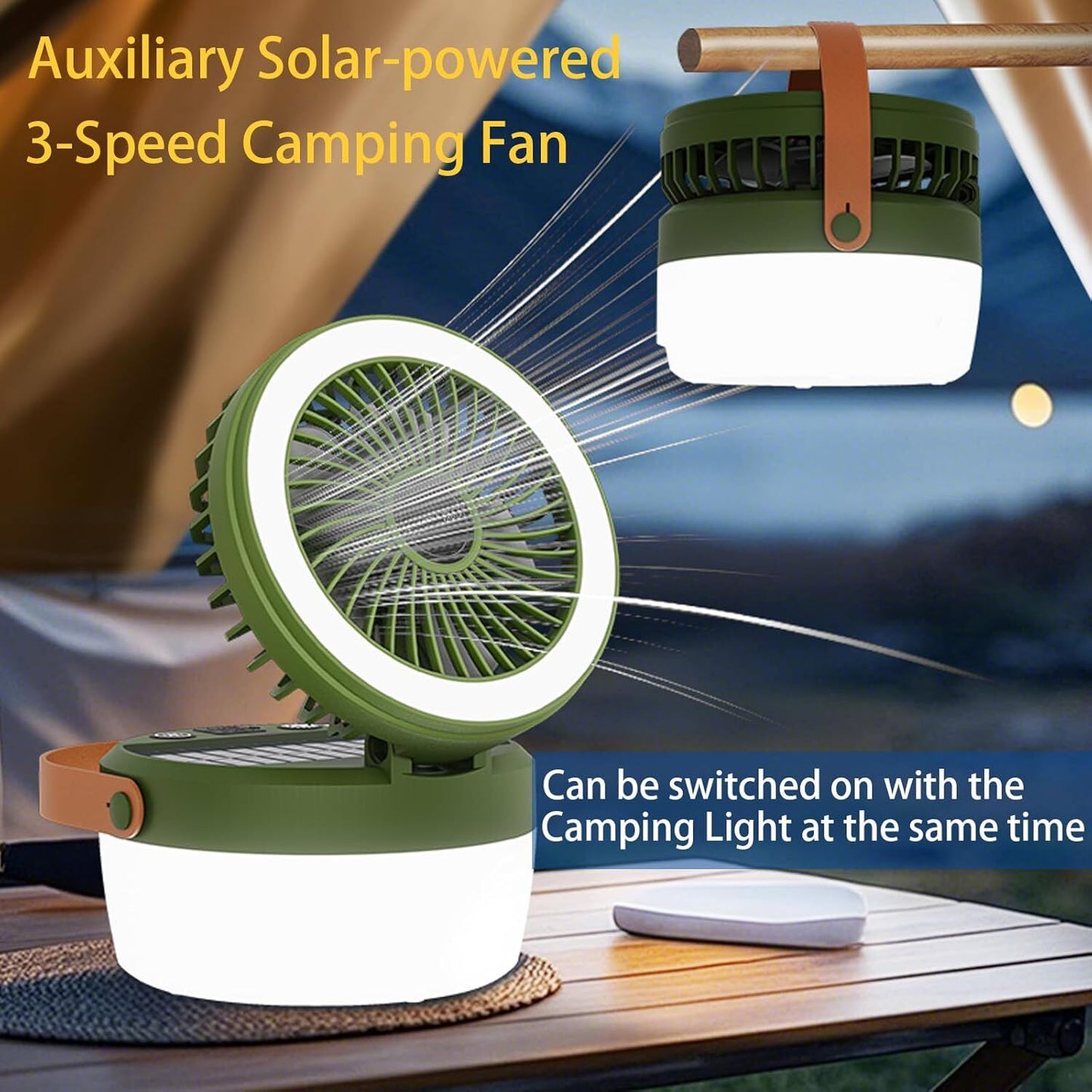 Smart Camping Lantern Fan | 4-Mode LED Light, 3-Speed Quiet Fan, USB & Solar Charging (Army Green)