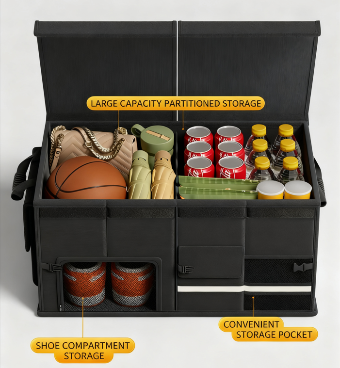 Smart Foldable Car Trunk Organiser 60L | Large Capacity Cargo Storage Box (Black)