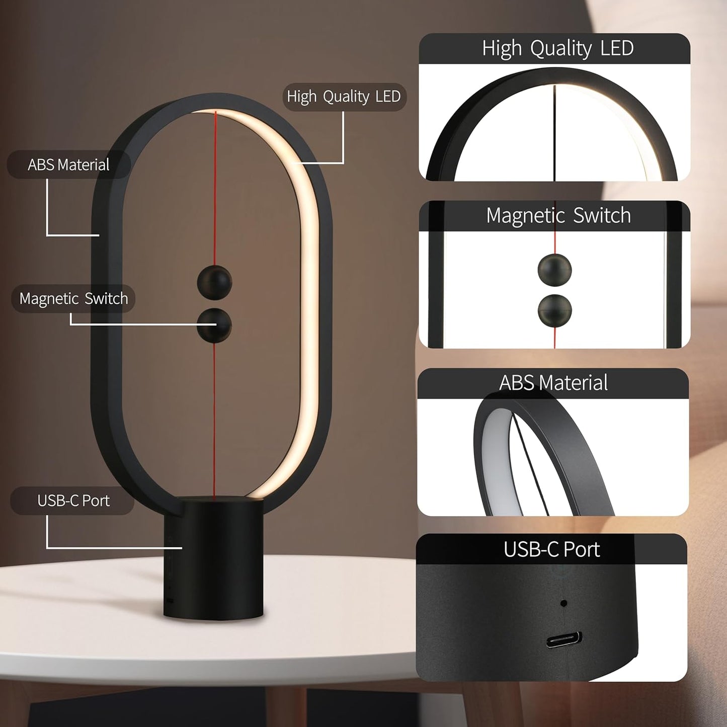 Magnetic Balance LED Table Lamp Black | Award-Winning USB Dimmable Light