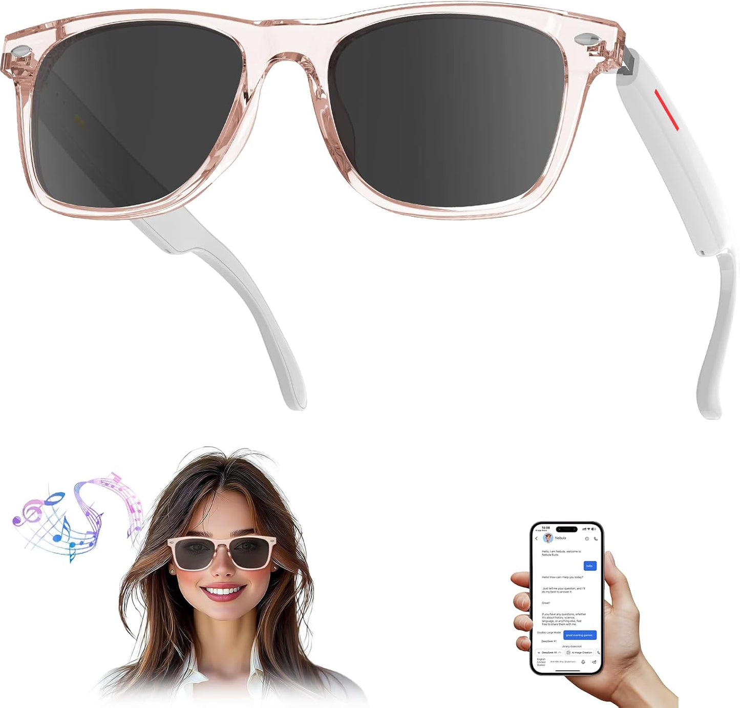 Smart AI Translation Sunglasses | 110+ Languages, Bluetooth Audio (Pink)