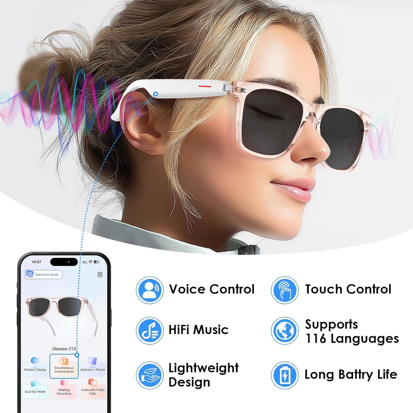 Smart AI Translation Sunglasses | 110+ Languages, Bluetooth Audio (Pink)