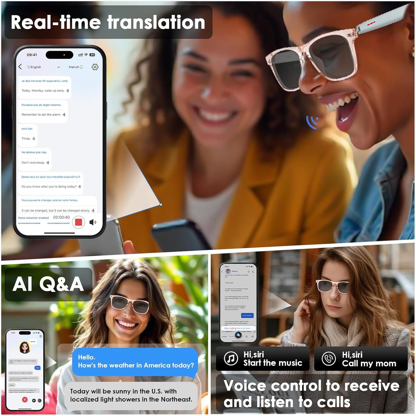 Smart AI Translation Sunglasses | 110+ Languages, Bluetooth Audio (Pink)