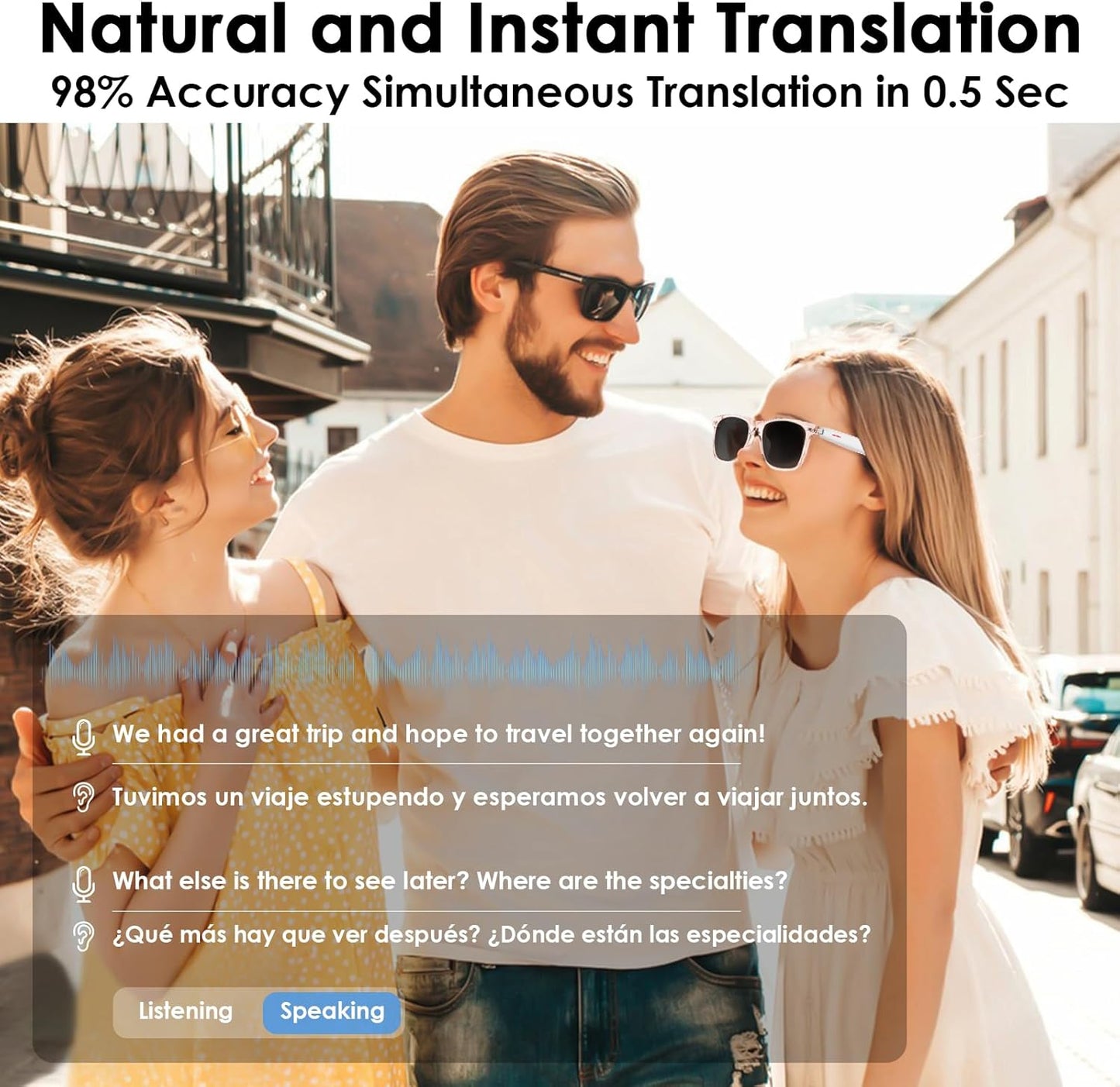 Smart AI Translation Sunglasses | 110+ Languages, Bluetooth Audio (Pink)