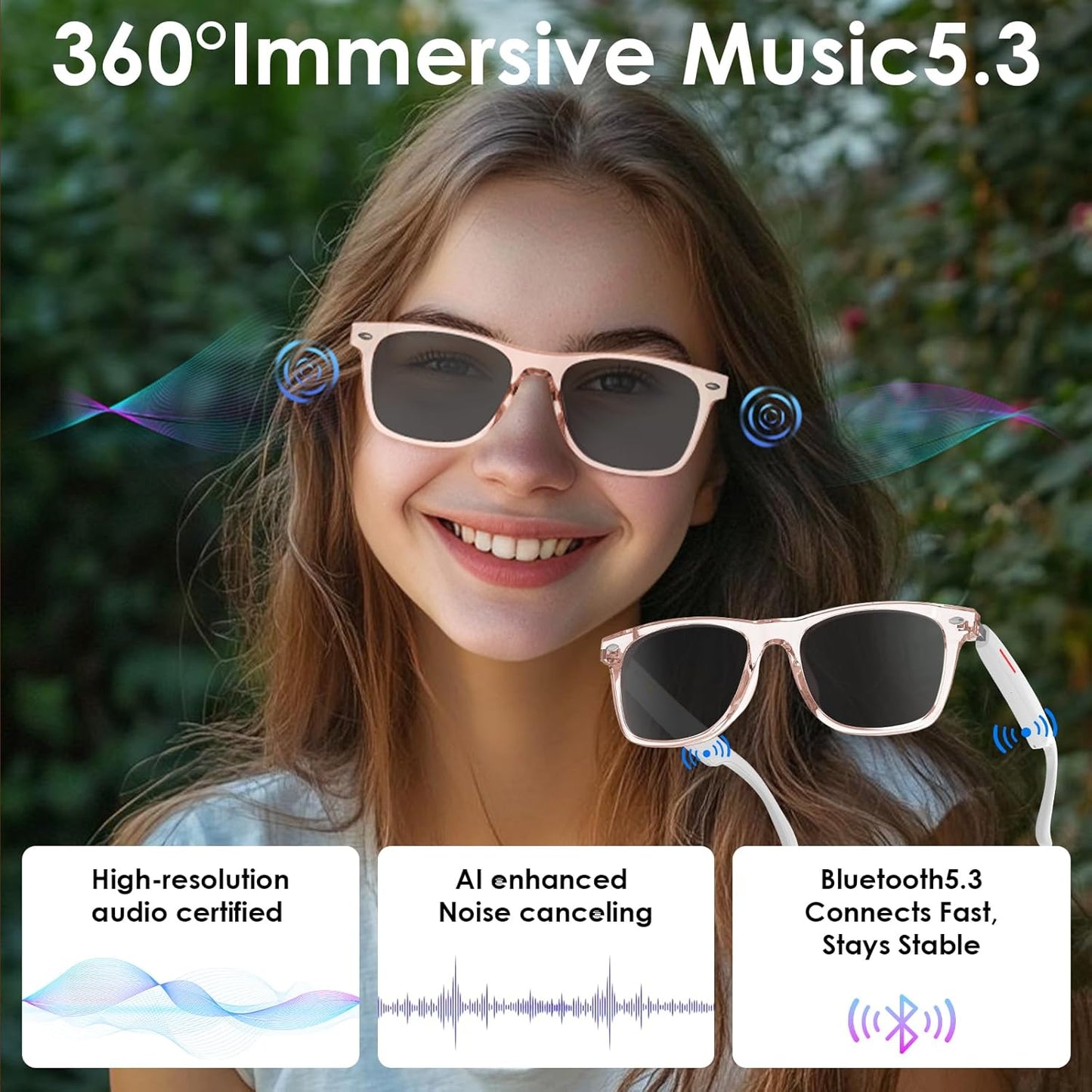 Smart AI Translation Sunglasses | 110+ Languages, Bluetooth Audio (Pink)