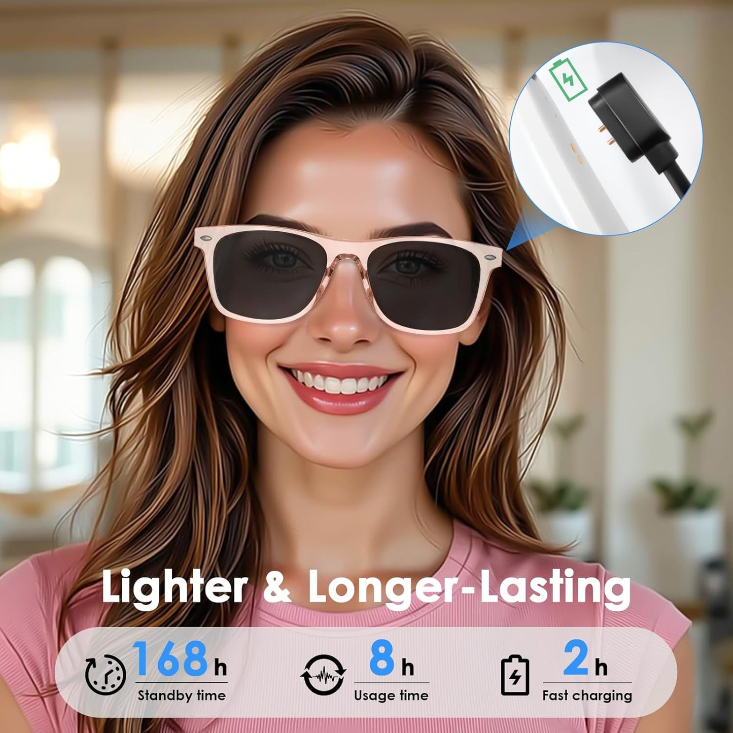 Smart AI Translation Sunglasses | 110+ Languages, Bluetooth Audio (Pink)