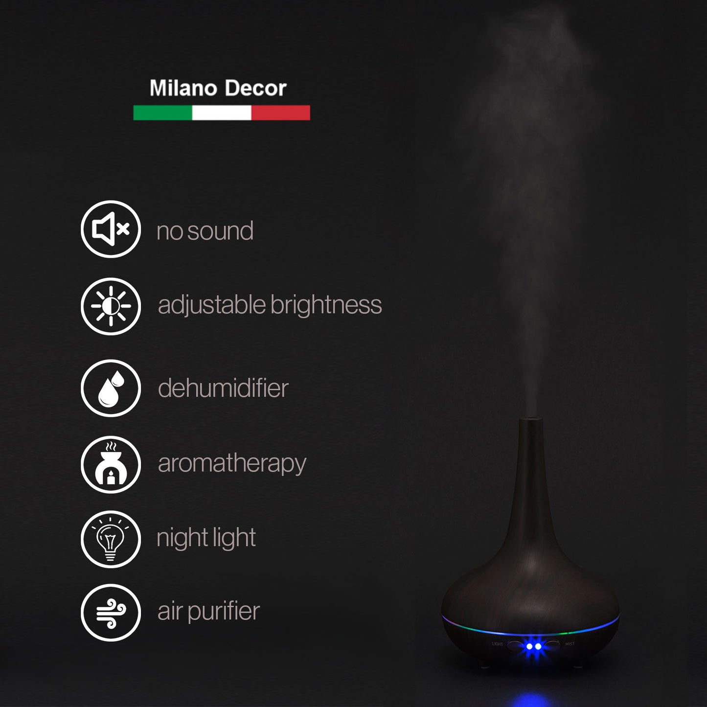 Smart Ultrasonic Aromatherapy Diffuser & Humidifier 200ml | LED Light (Dark Wood Grain)