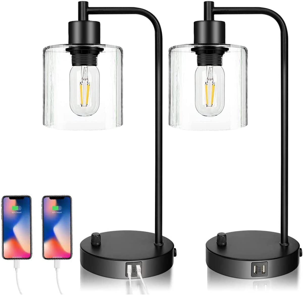 Smart Industrial Table Lamp Set | 2-Pack with USB Charging Ports (Bulb Not Included)