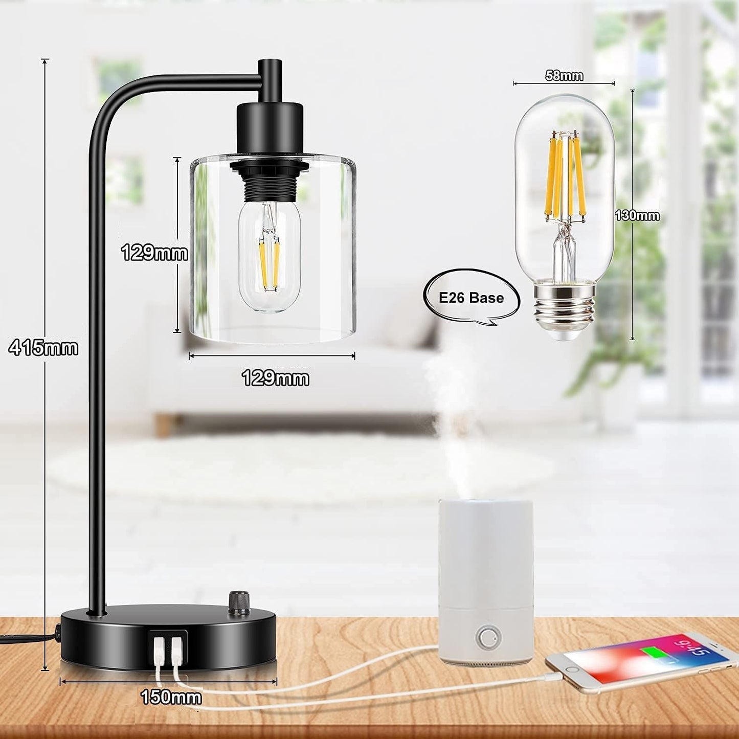 Smart Industrial Table Lamp Set | 2-Pack with USB Charging Ports (Bulb Not Included)