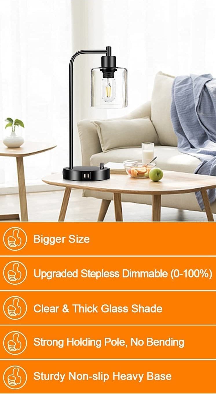 Smart Industrial Table Lamp Set | 2-Pack with USB Charging Ports (Bulb Not Included)