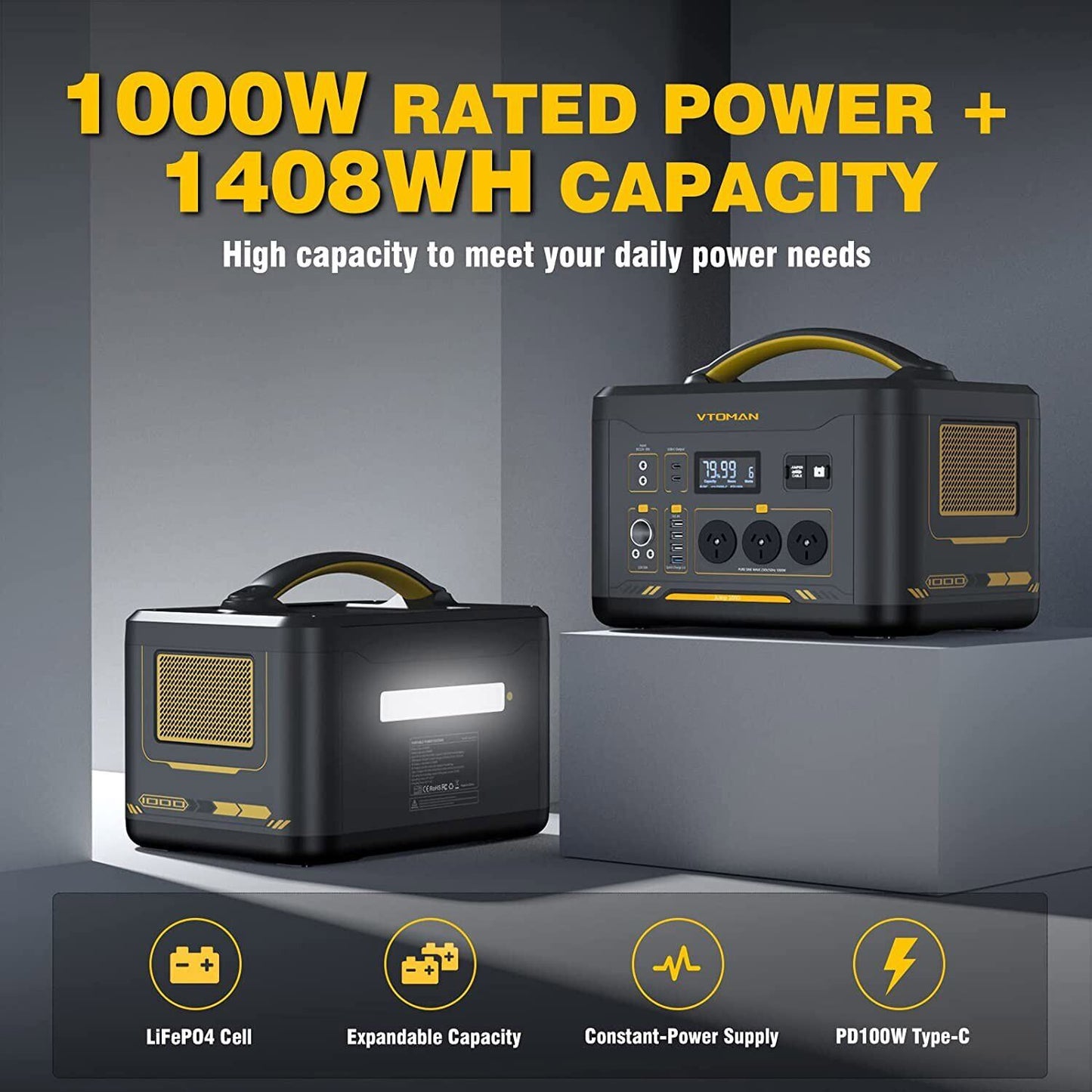 Smart 1000W 1408Wh Portable Power Station | Solar Generator with LiFePO4 & Fast Charging