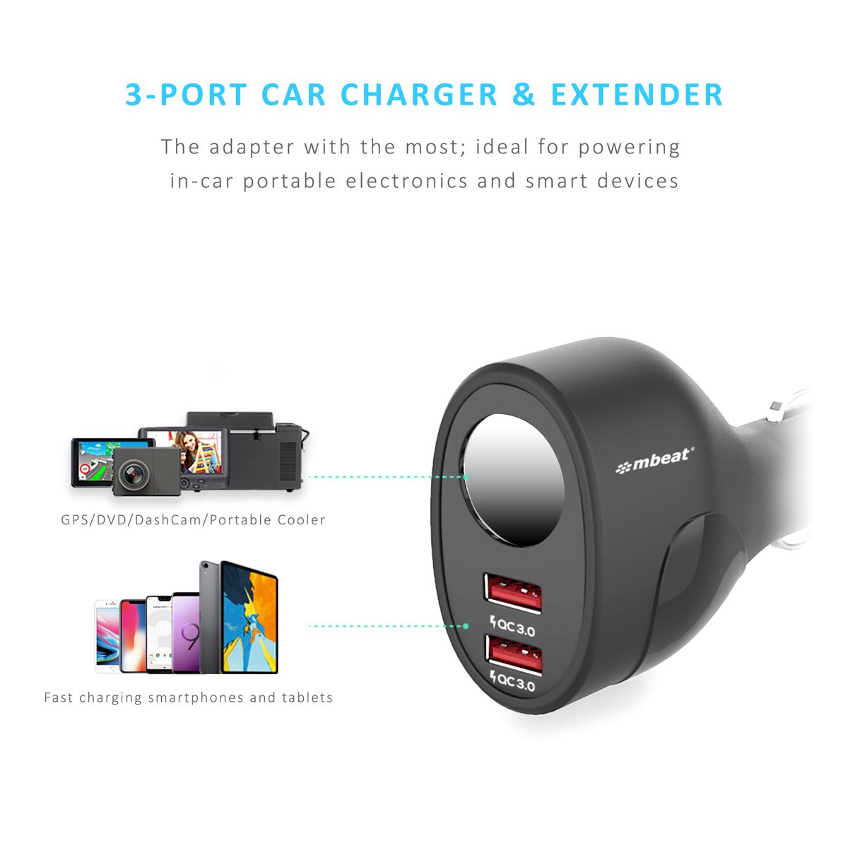 Smart mbeat Gorilla Power Dual Port QC3.0 Car Charger with Cigar Lighter Socket