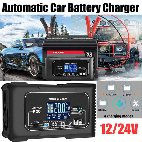 Smart 12V/24V 20A Automatic Car Battery Charger | Lithium, LiFePO4, Lead-Acid, AGM/GEL