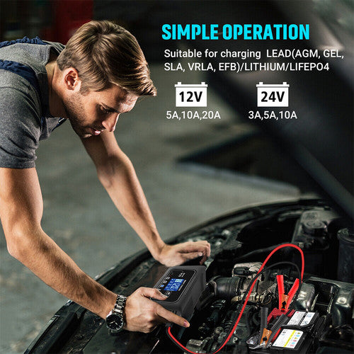 Smart 12V/24V 20A Automatic Car Battery Charger | Lithium, LiFePO4, Lead-Acid, AGM/GEL