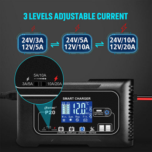 Smart 12V/24V 20A Automatic Car Battery Charger | Lithium, LiFePO4, Lead-Acid, AGM/GEL