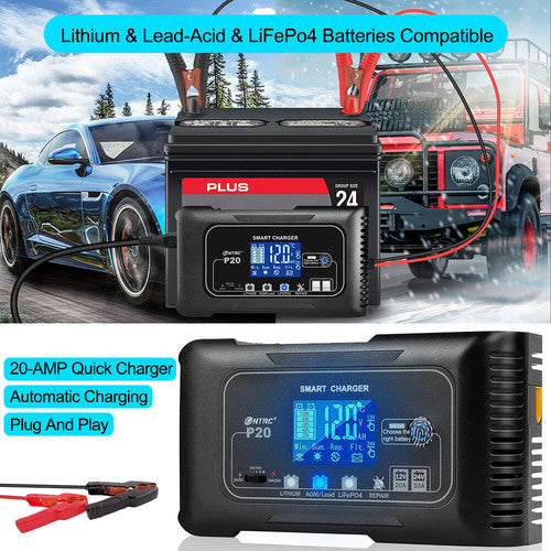 Smart 12V/24V 20A Automatic Car Battery Charger | Lithium, LiFePO4, Lead-Acid, AGM/GEL
