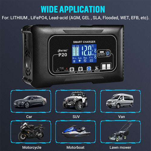 Smart 12V/24V 20A Automatic Car Battery Charger | Lithium, LiFePO4, Lead-Acid, AGM/GEL