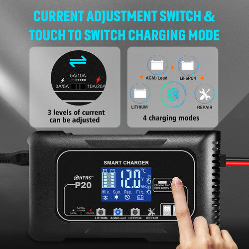 Smart 12V/24V 20A Automatic Car Battery Charger | Lithium, LiFePO4, Lead-Acid, AGM/GEL