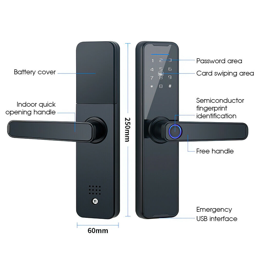 Smart Door Lock | Fingerprint + APP + Password + Card + Key (Black)