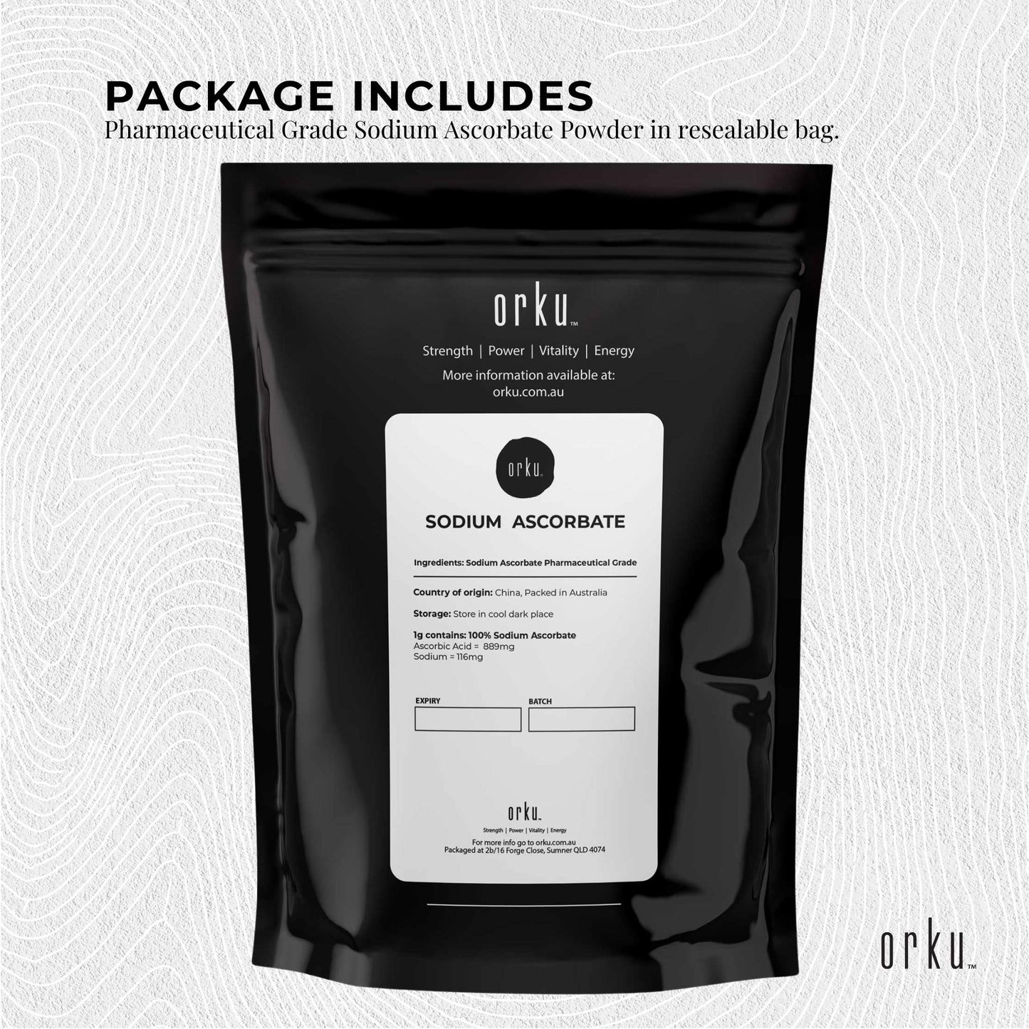 Orku 1kg Sodium Ascorbate Powder | Buffered Vitamin C (Pharmaceutical Grade)