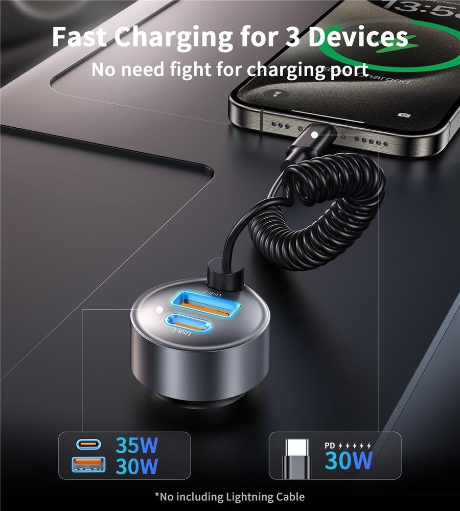 Smart 65W Fast Car Charger | CHOETECH TC0030 with Stretchable USB-C Cable