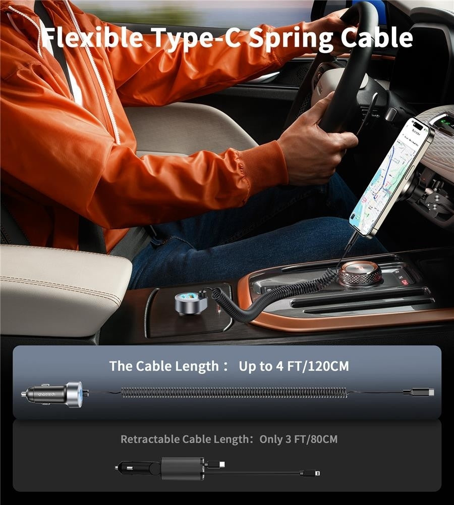 Smart 65W Fast Car Charger | CHOETECH TC0030 with Stretchable USB-C Cable