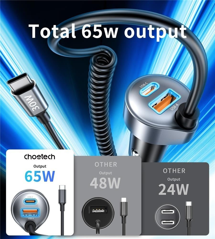 Smart 65W Fast Car Charger | CHOETECH TC0030 with Stretchable USB-C Cable