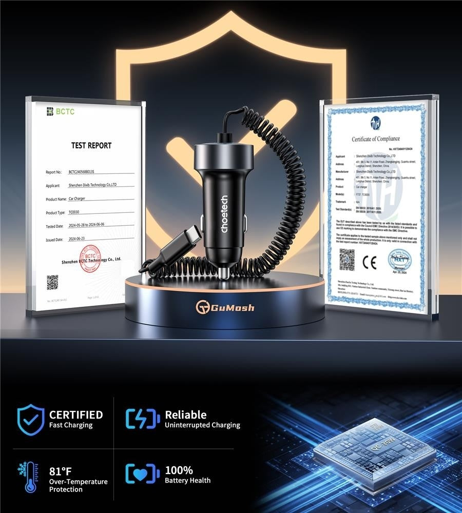 Smart 65W Fast Car Charger | CHOETECH TC0030 with Stretchable USB-C Cable