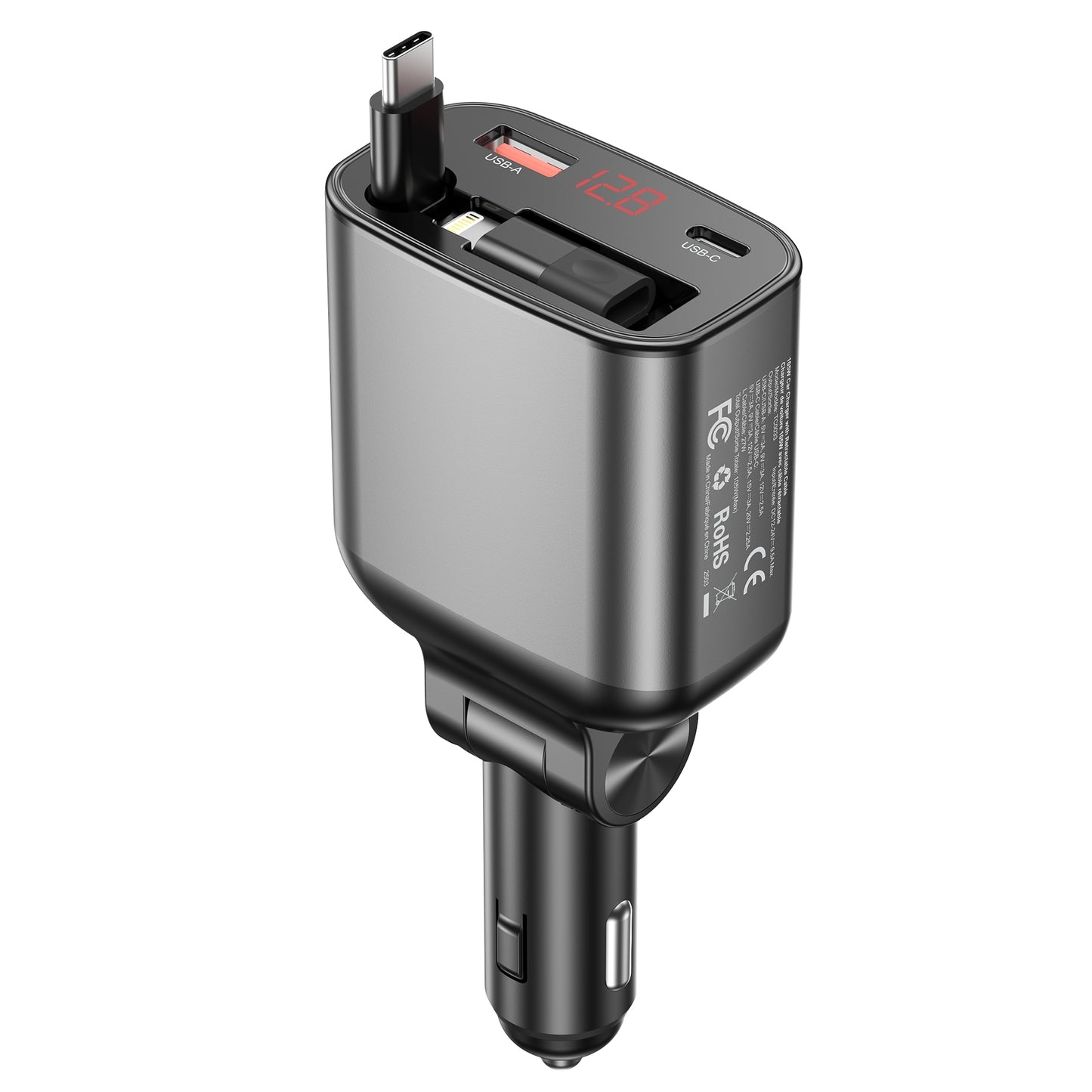 Smart 105W Fast Car Charger | CHOETECH TC0033 Retractable USB-C + Lightning