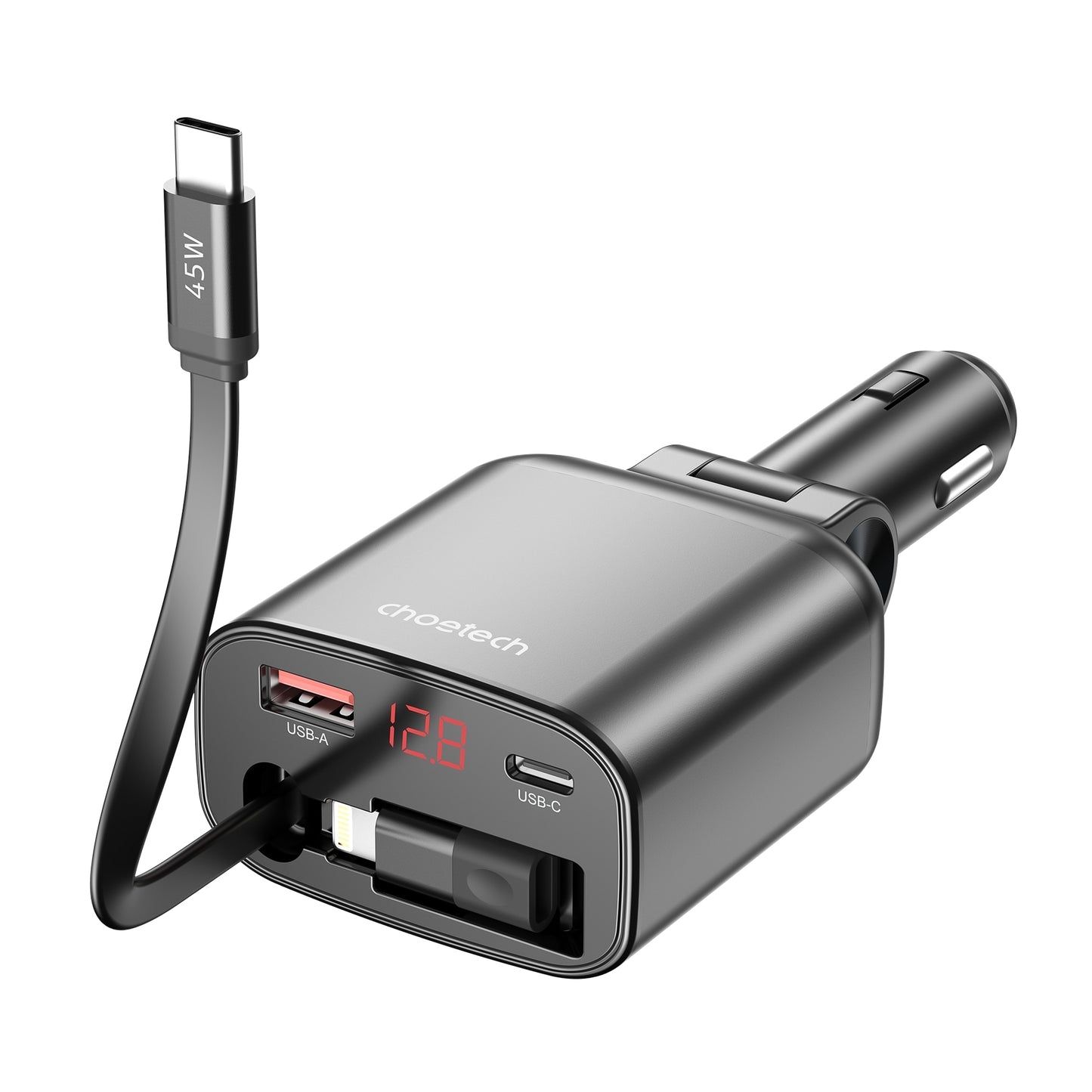 Smart 105W Fast Car Charger | CHOETECH TC0033 Retractable USB-C + Lightning