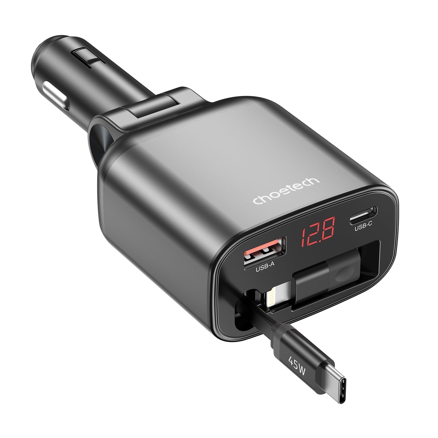 Smart 105W Fast Car Charger | CHOETECH TC0033 Retractable USB-C + Lightning