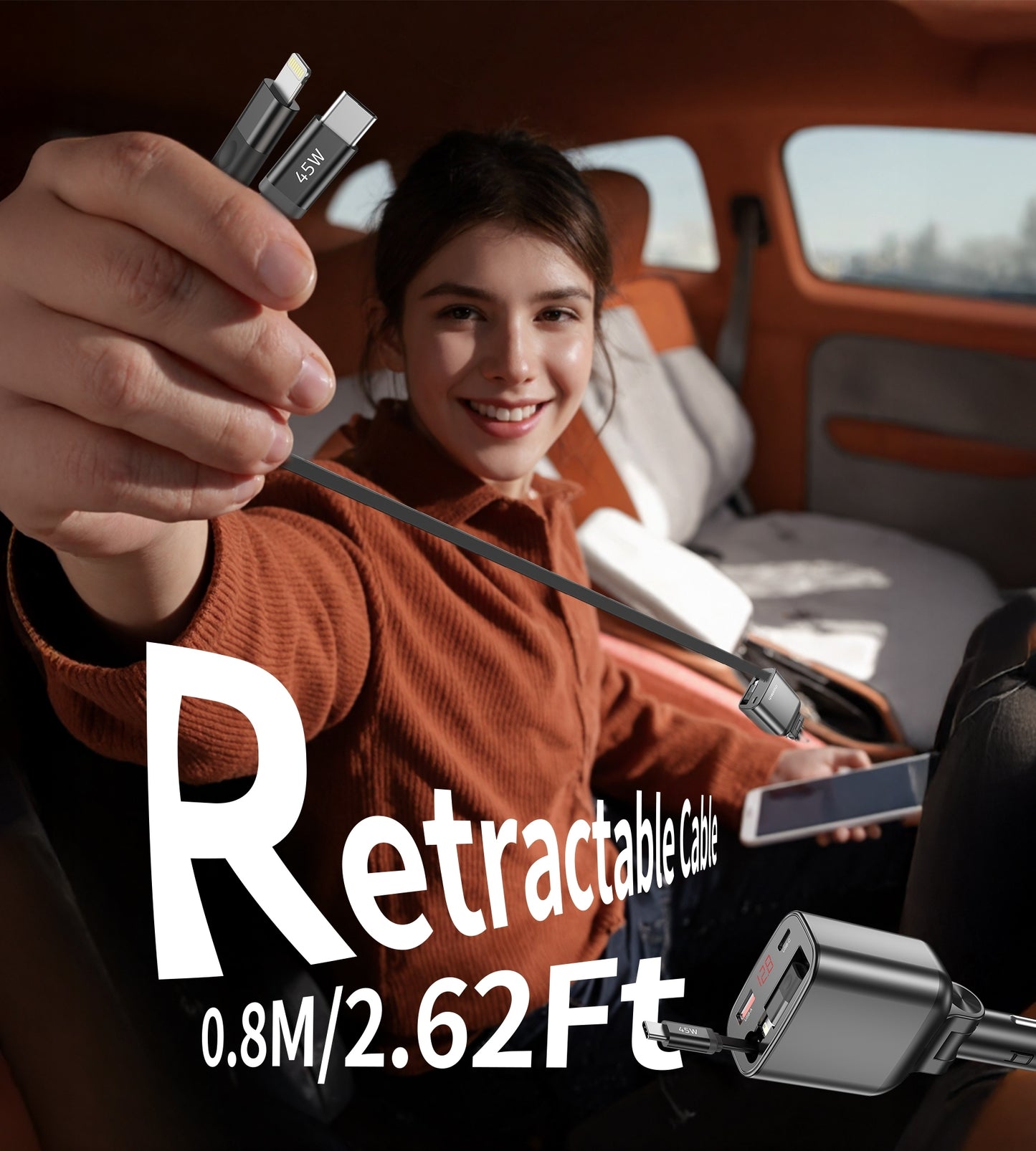 Smart 105W Fast Car Charger | CHOETECH TC0033 Retractable USB-C + Lightning