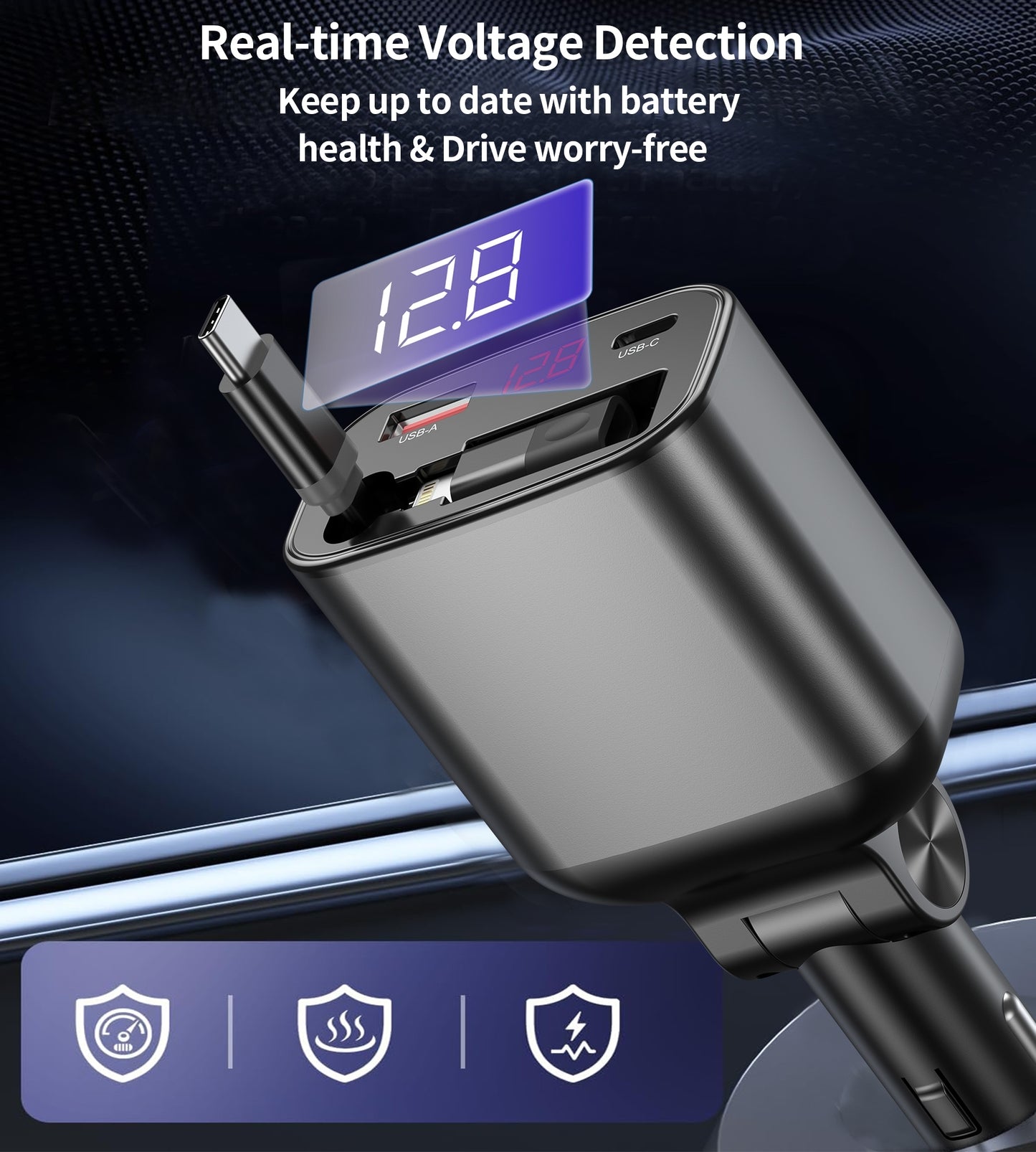 Smart 105W Fast Car Charger | CHOETECH TC0033 Retractable USB-C + Lightning
