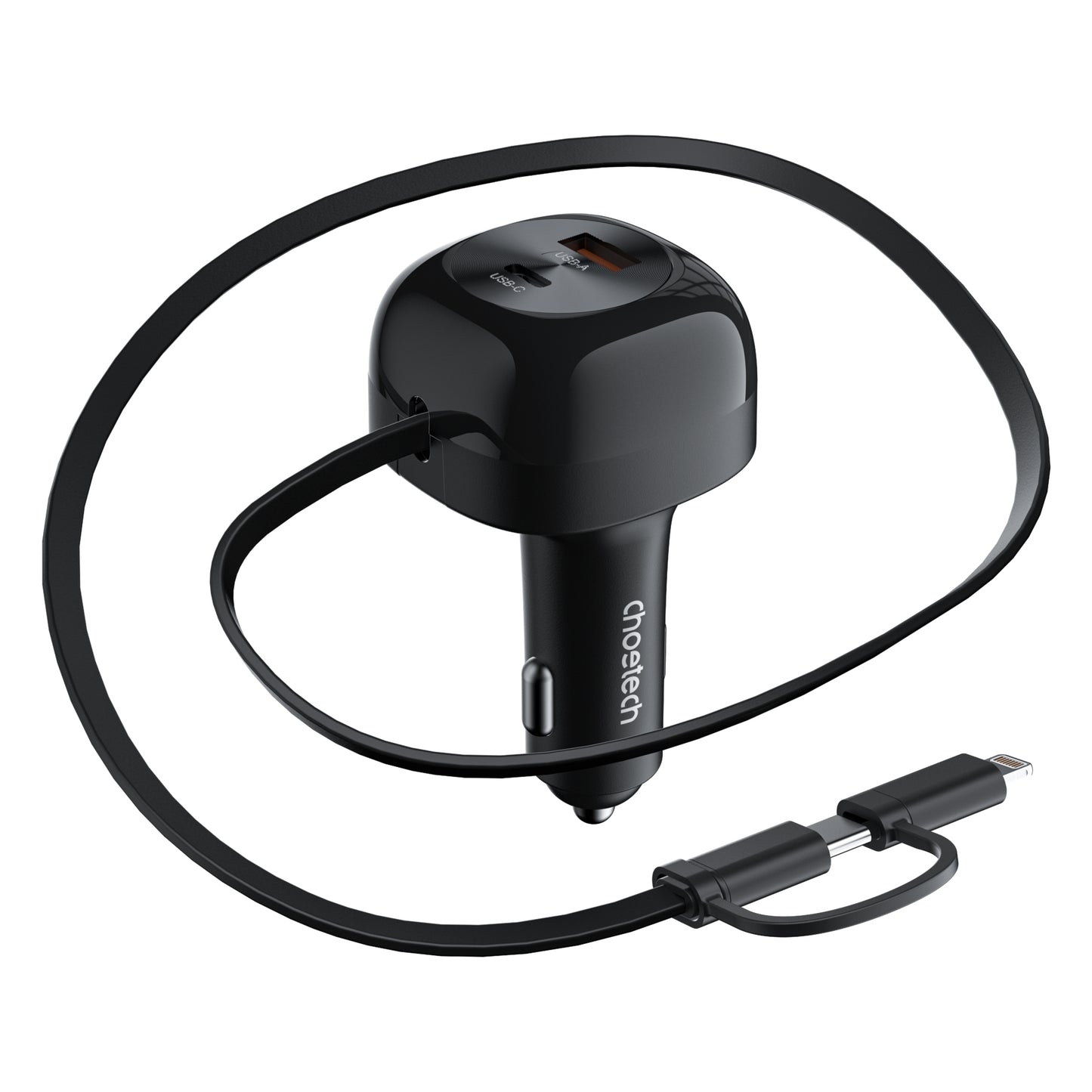 Smart 75W Fast Car Charger | CHOETECH TC0036 Retractable USB-C + Lightning