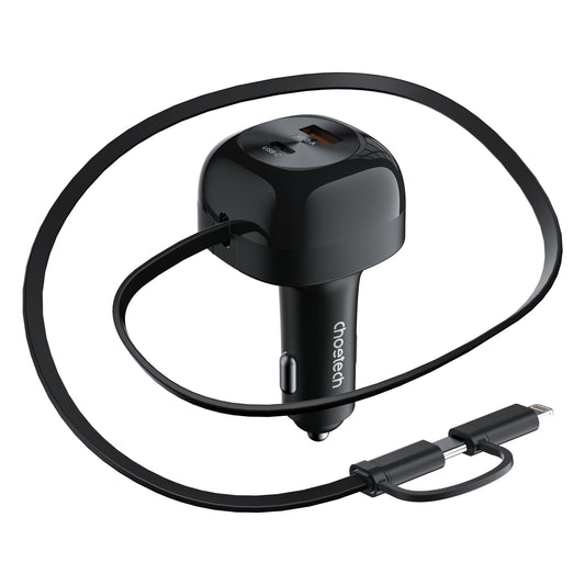 Smart 75W Fast Car Charger | CHOETECH TC0036 Retractable USB-C + Lightning