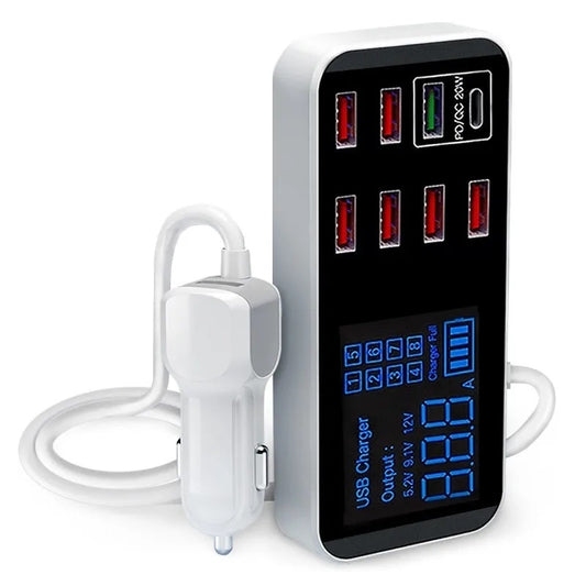 Smart 8-Port Fast Car Charger with LED Display | A9S+ PD20W + QC3.0