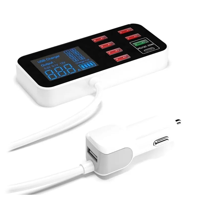 Smart 8-Port Fast Car Charger with LED Display | A9S+ PD20W + QC3.0