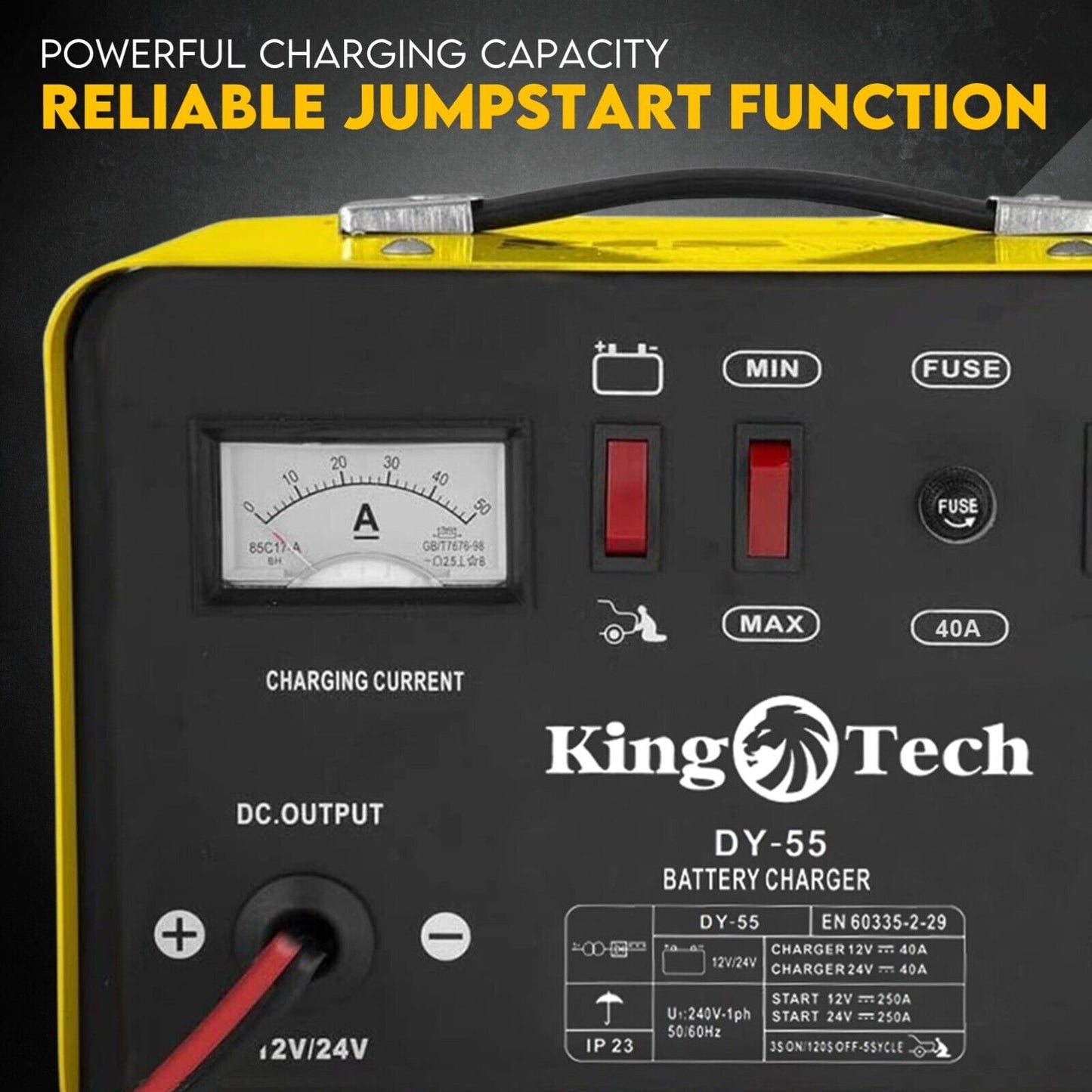 Smart 12V/24V Heavy-Duty 2-in-1 Battery Charger & Jump Starter | Kingtech 40A