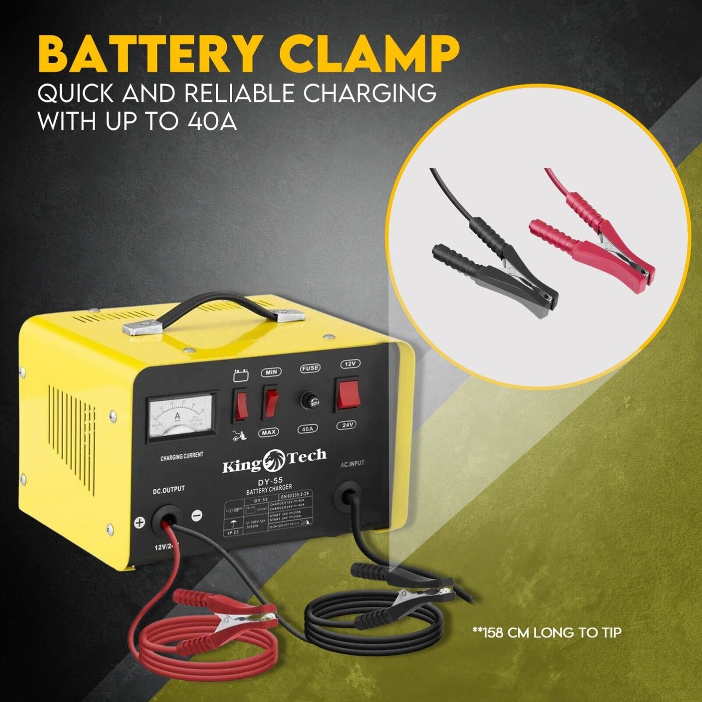 Smart 12V/24V Heavy-Duty 2-in-1 Battery Charger & Jump Starter | Kingtech 40A