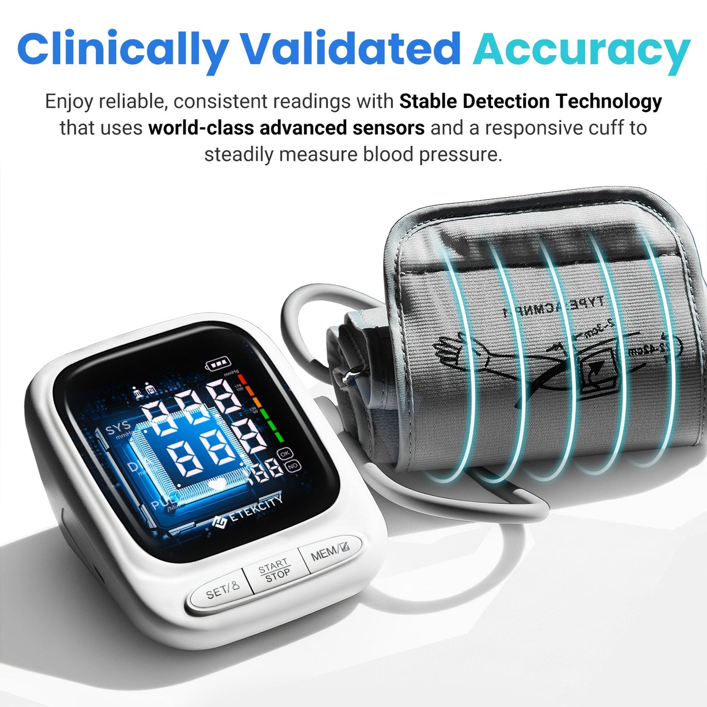 Smart Blood Pressure Monitor | Etekcity Rechargeable Digital Arm Cuff (White)