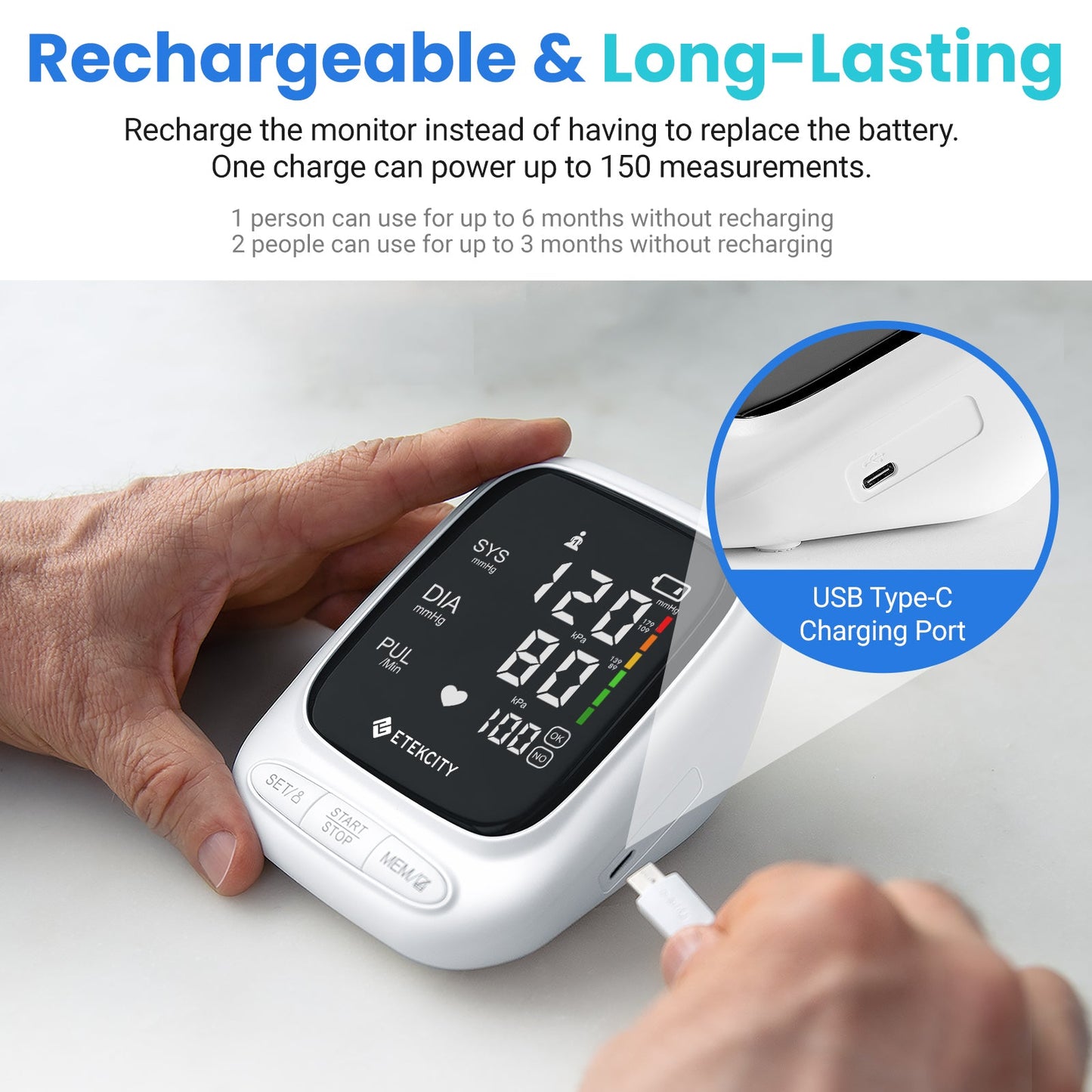 Smart Blood Pressure Monitor | Etekcity Rechargeable Digital Arm Cuff (White)