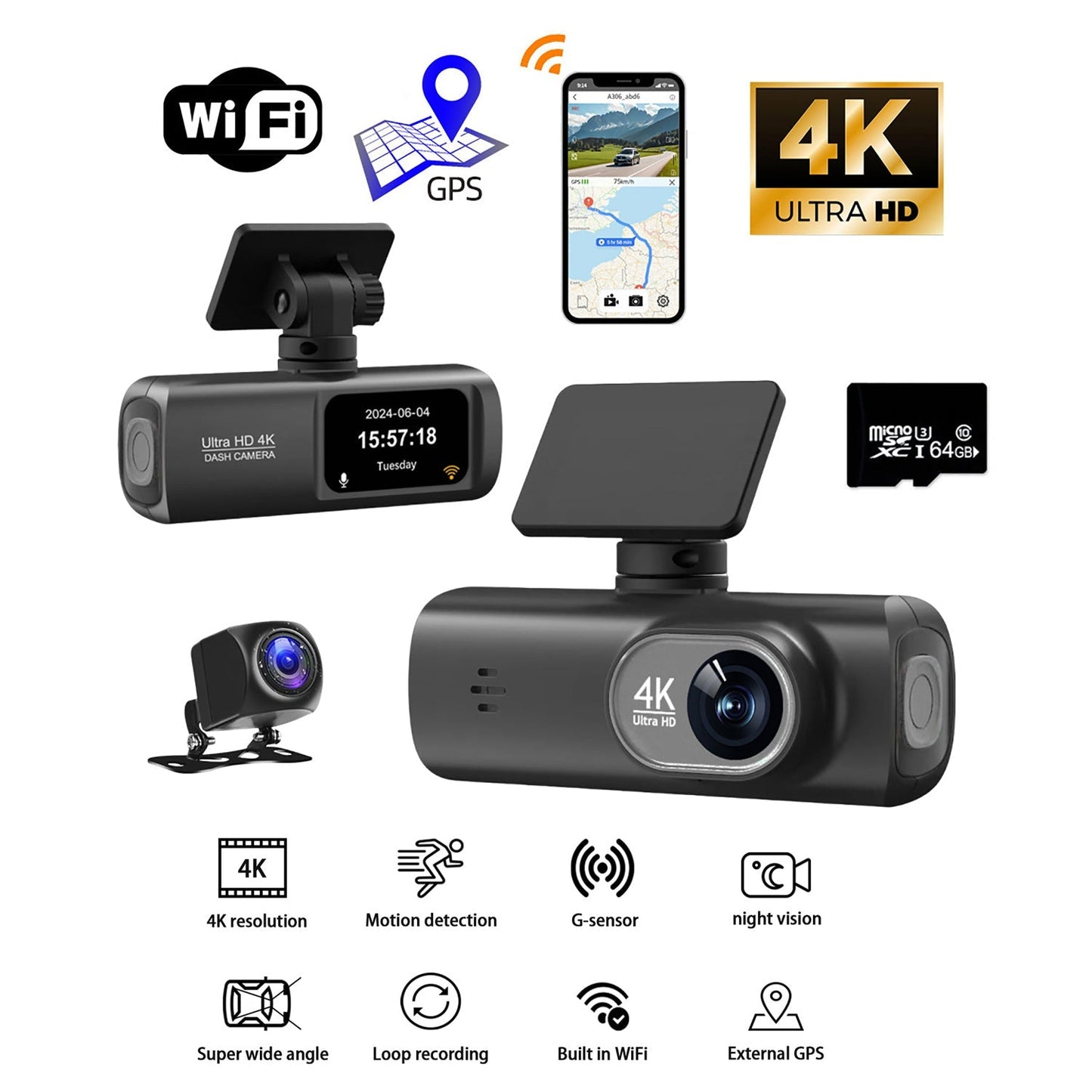 4K Front & Rear Dual Dash Cam with WiFi GPS – 64GB SD Card Included