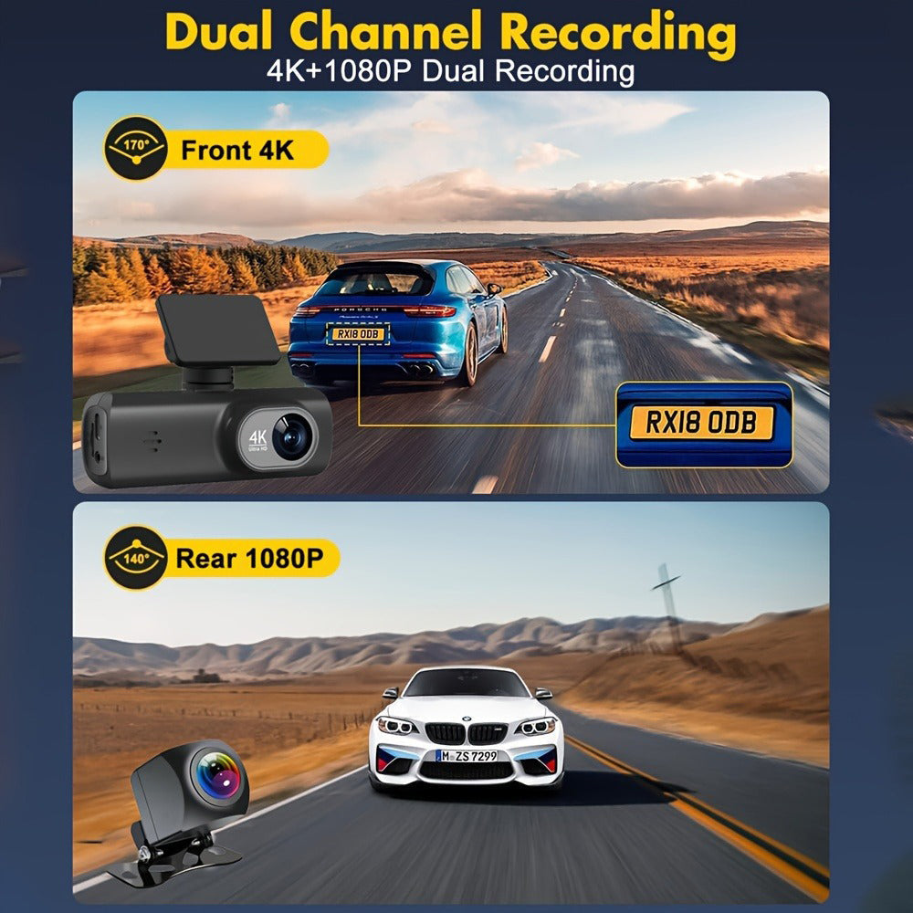 4K Front & Rear Dual Dash Cam with WiFi GPS – 64GB SD Card Included