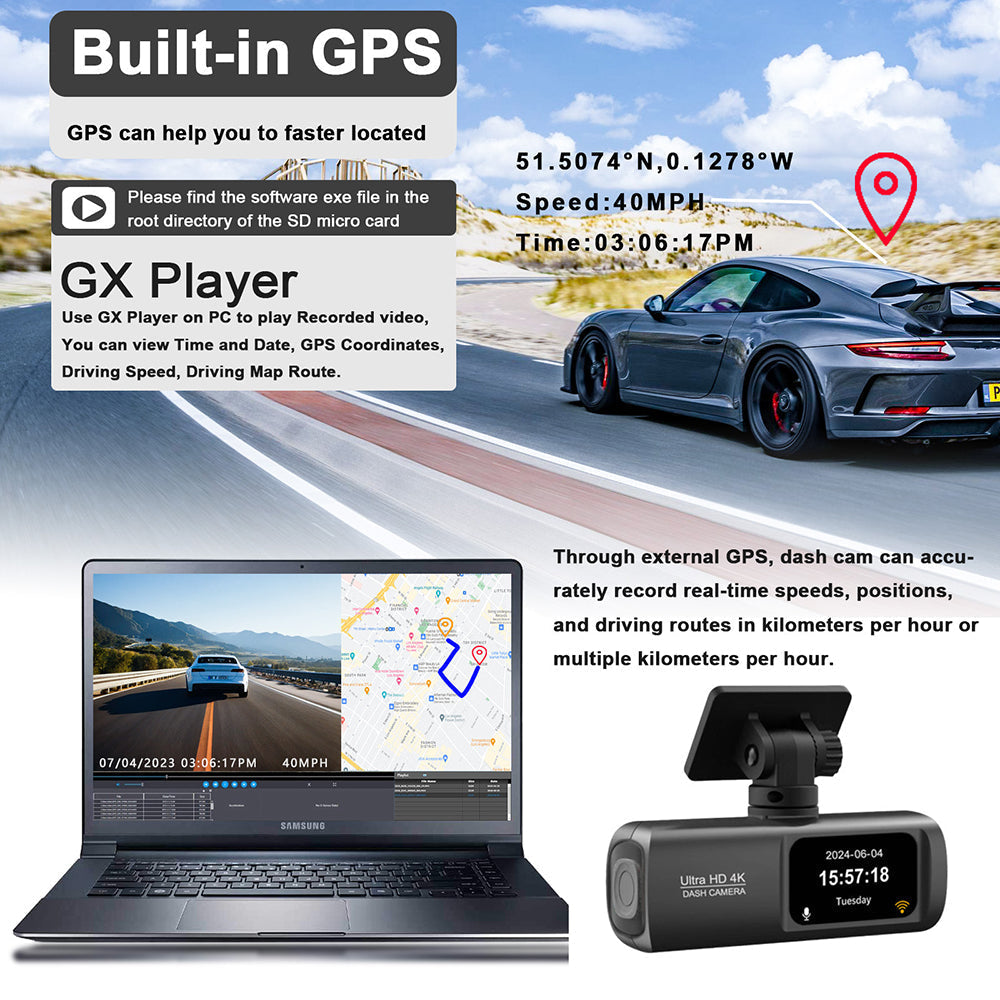 4K Front & Rear Dual Dash Cam with WiFi GPS – 64GB SD Card Included