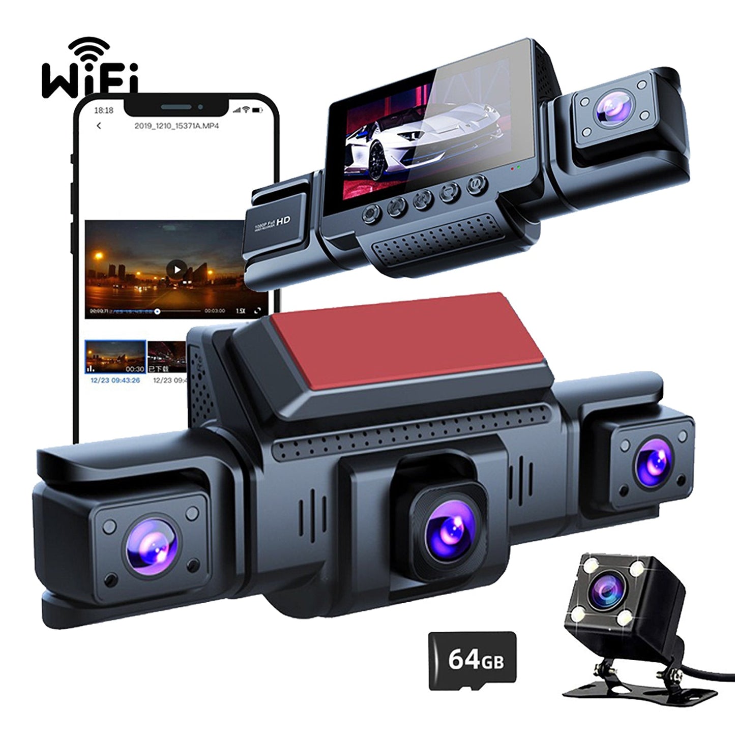 4-Channel 5G WiFi Dashcam | FHD 1080P 170° Wide-Angle + G-Sensor + 64GB Card