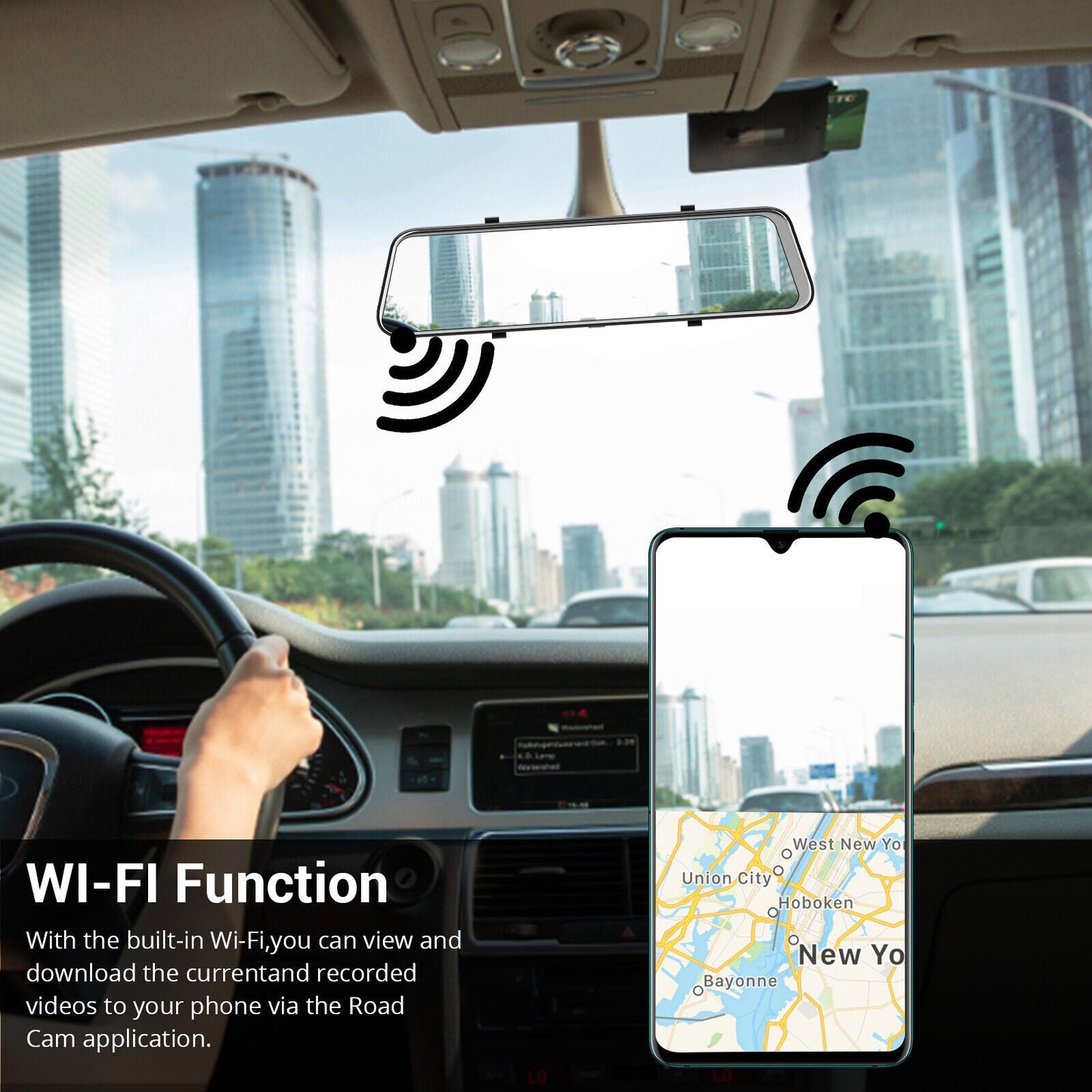 WiFi 10" 2K Rear-View Mirror Dash Cam with Reversing Camera & Free 32GB Card