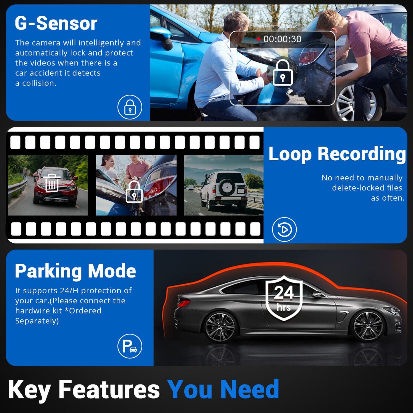 WiFi 10" 2K Rear-View Mirror Dash Cam with Reversing Camera & Free 32GB Card